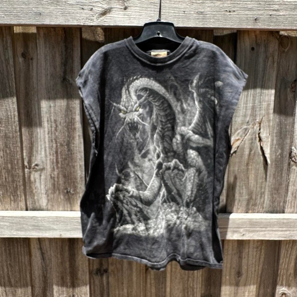 🐲 VTG The Mountain Silver Dragon Graphic Tank Top Muscle Tee Sleeveless Shirt XL